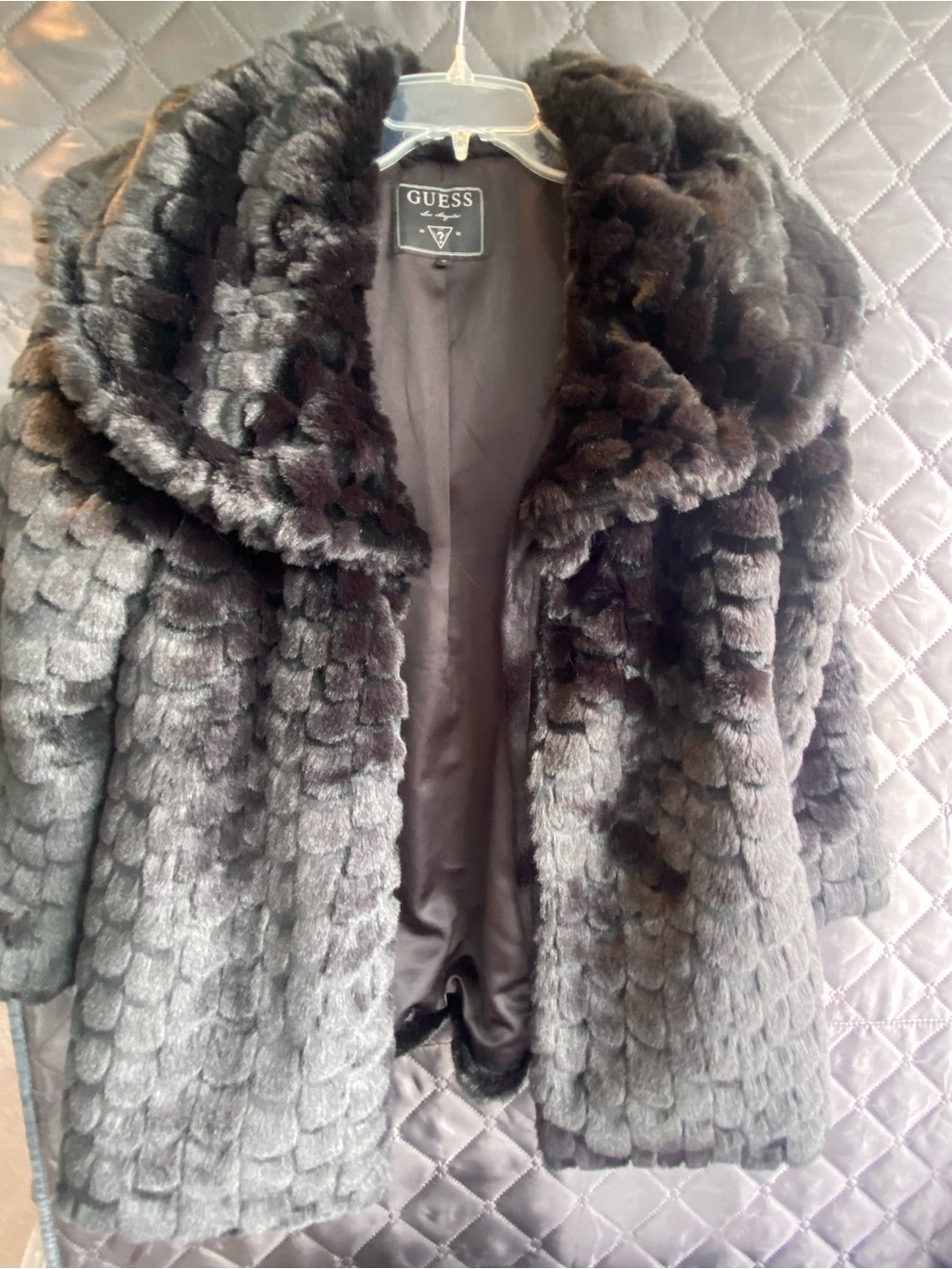 GUESS shiny Black Faux Fur Teddy Coat with Shawl Collar